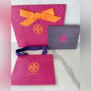 Tory Burch Gift Set of 3 Orange Bow purple handles tote bags! Large and small